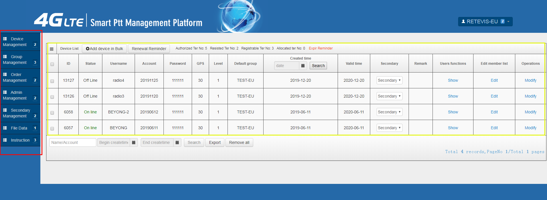 log in Retevis RT70 4G LTE Smart Ptt Manager Platform