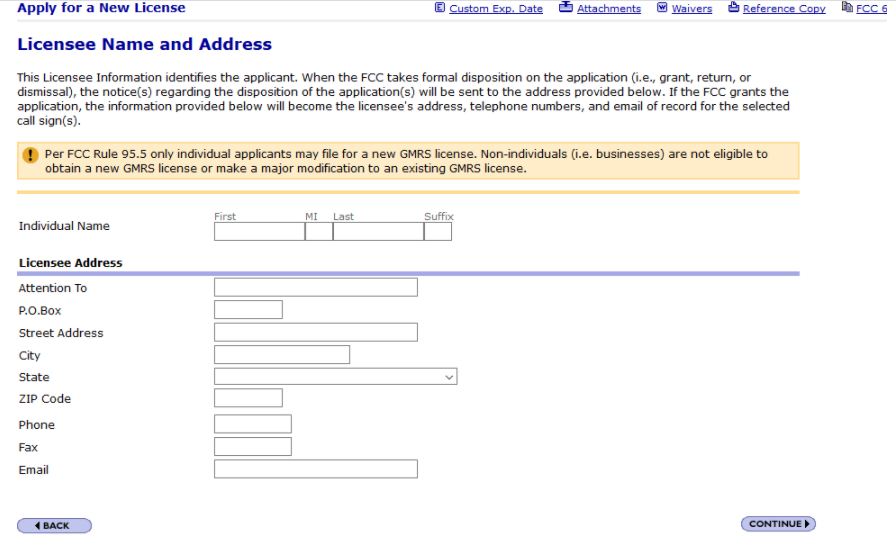 fill in the licensee name and address for GMRS license 