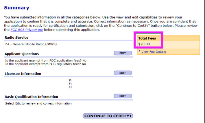 GMRS application summary